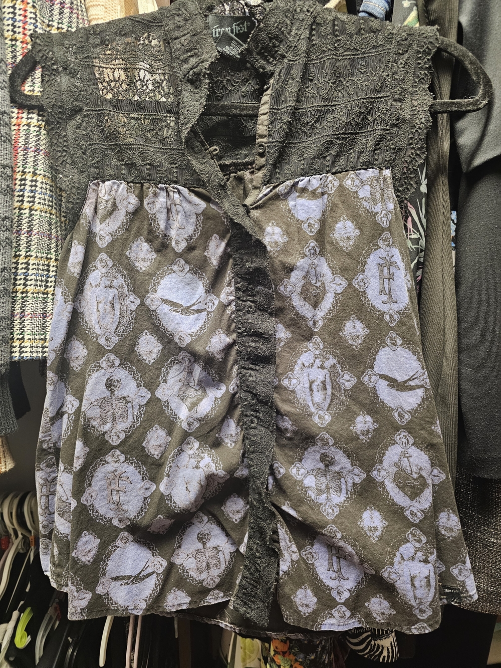 Vintage Iron Fist Black & Lavender Printed Lace-Trim Tank XS